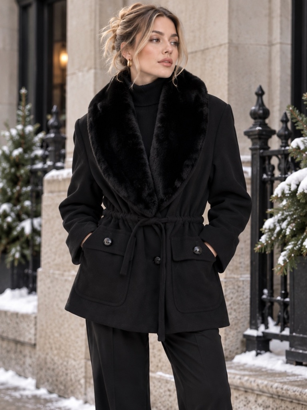 Vintage London Fog 100% Wool Faux Fur Collar Funnel Neck Coat Black Size 16